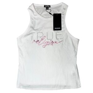 True Religion White Ribbed Bling Tank Top Pink Rhinestone Ladies Large NWT